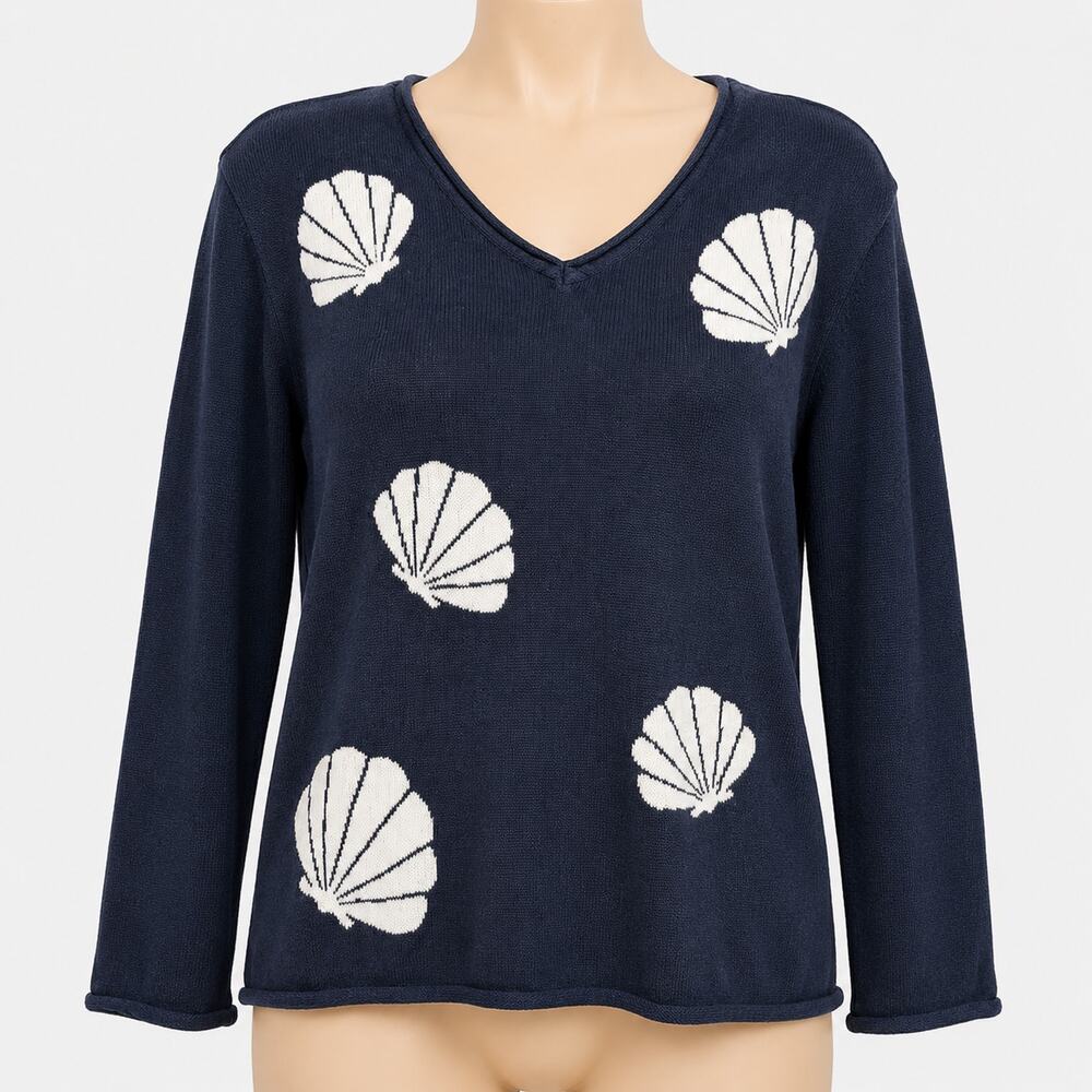 Belle Beach Kim Gravel Navy Seashell Sweater Women's XS Cotton Rayon Knit